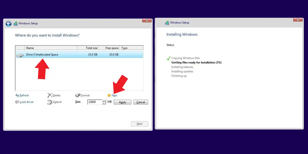 Install Windows 11 - Partition Selection